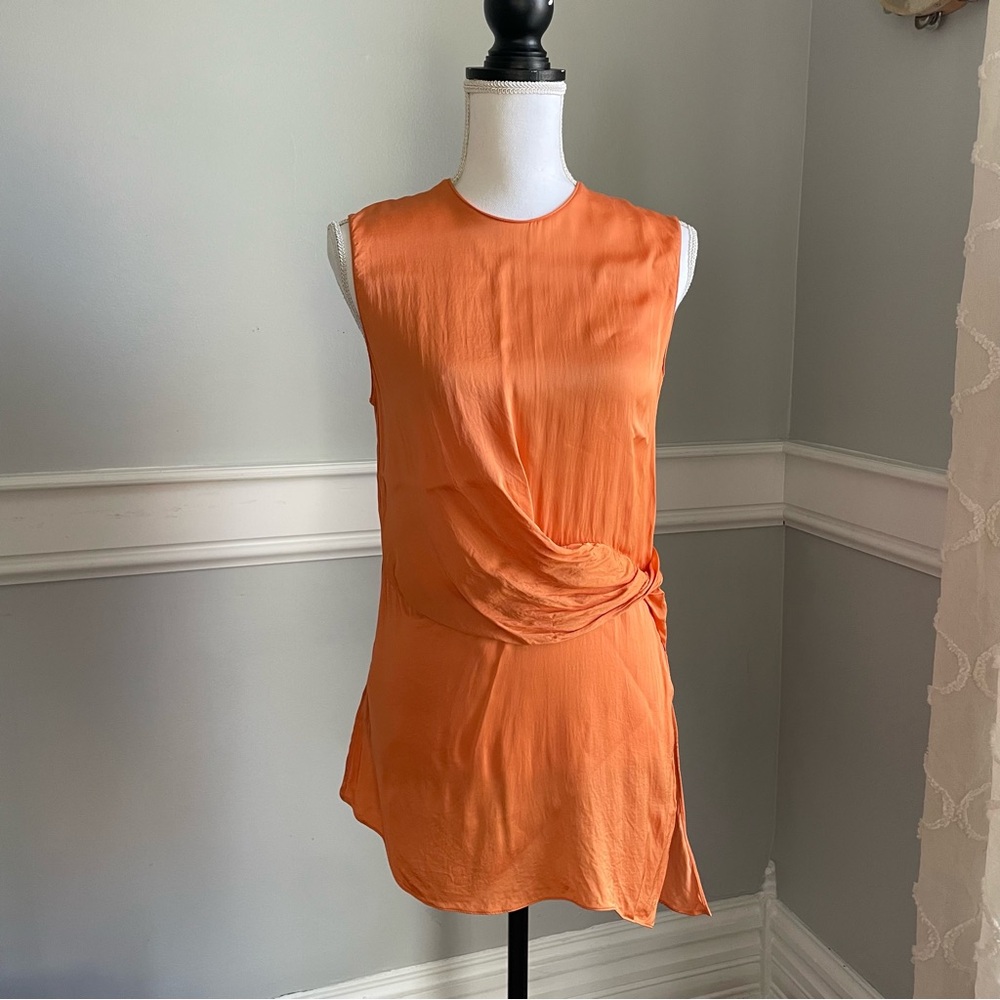 MNG Mango Vibrant Orange Asymmetrical Draped Satin Shirt Size M Split Side - Picture 2 of 13